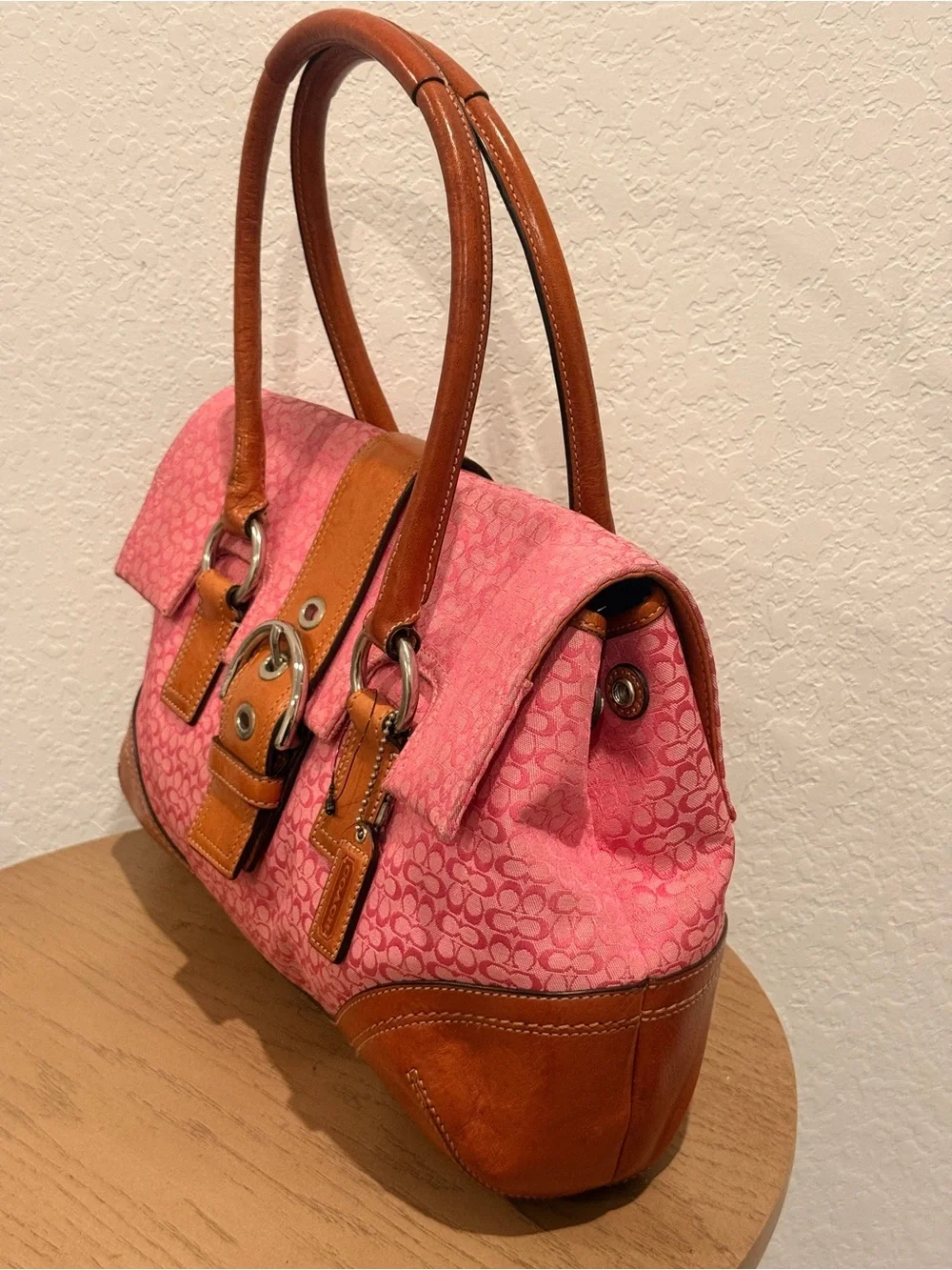 Coach Y2K Pink Canvas and Tan Leather Shoulder Satchel